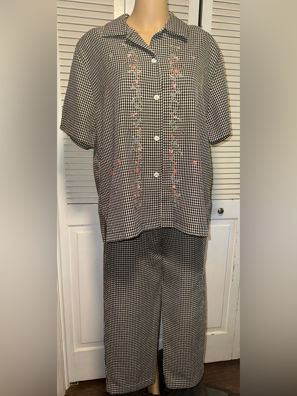 Draper’s & Damon’s Outfit Black White Gingham Check Floral Shirt XL Pants PL